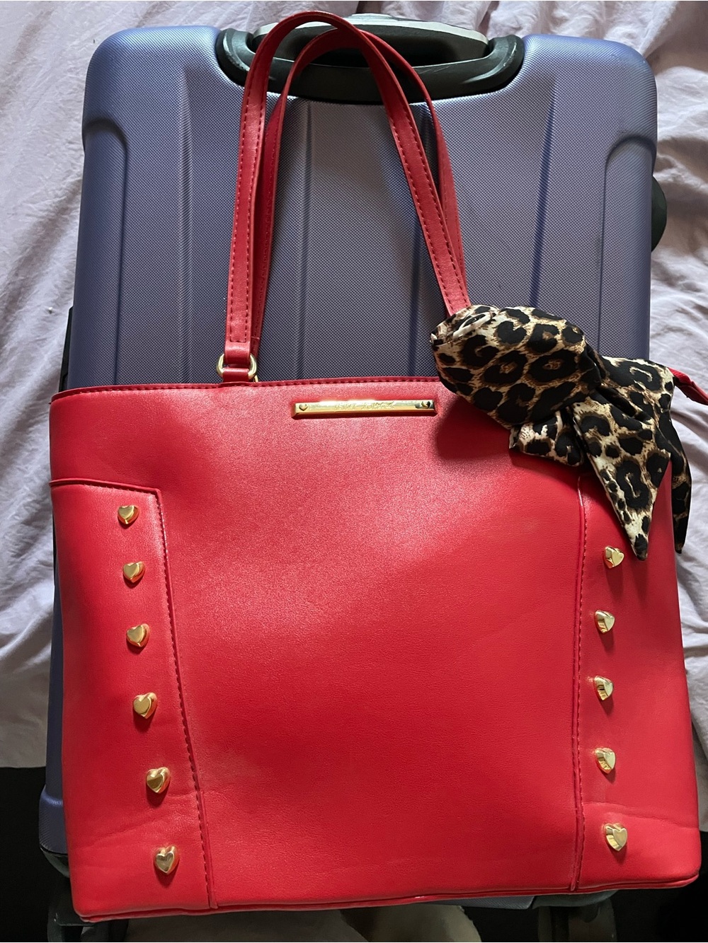Red Heart-Stud Tote with Leopard Scarf Accent